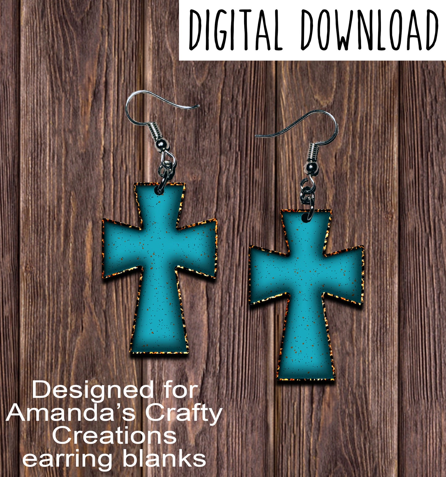 Turquoise and Leopard Cross Earring Sublimation Design, Hand drawn Cross Sublimation earring design, digital download, JPG, PNG