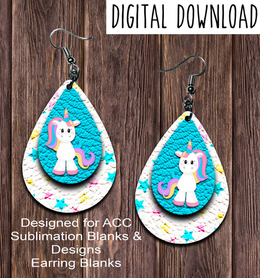 Unicorn Blue Stars Teardrop Earring Sublimation Design, Hand drawn Teardrop Sublimation earring design, digital download, JPG, PNG