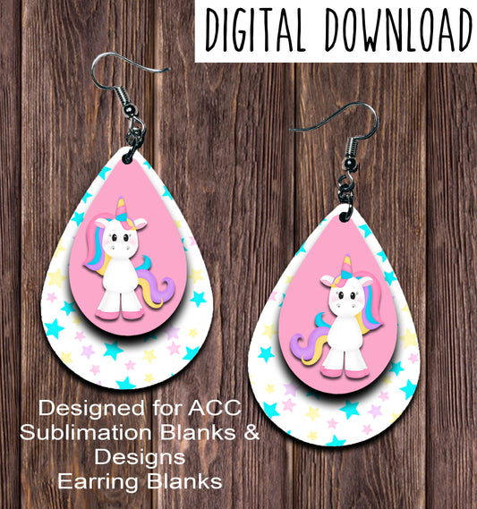 Unicorn Pink Stars Teardrop Earring Sublimation Design, Hand drawn Teardrop Sublimation earring design, digital download, JPG, PNG