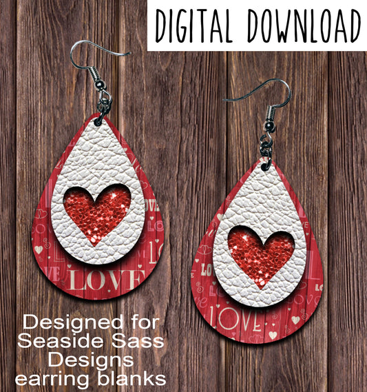 Valentine Wood White Red Chunk Heart Teardrop Earring Sublimation Design, Hand drawn Teardrop Sublimation earring design, digital download, JPG, PNG