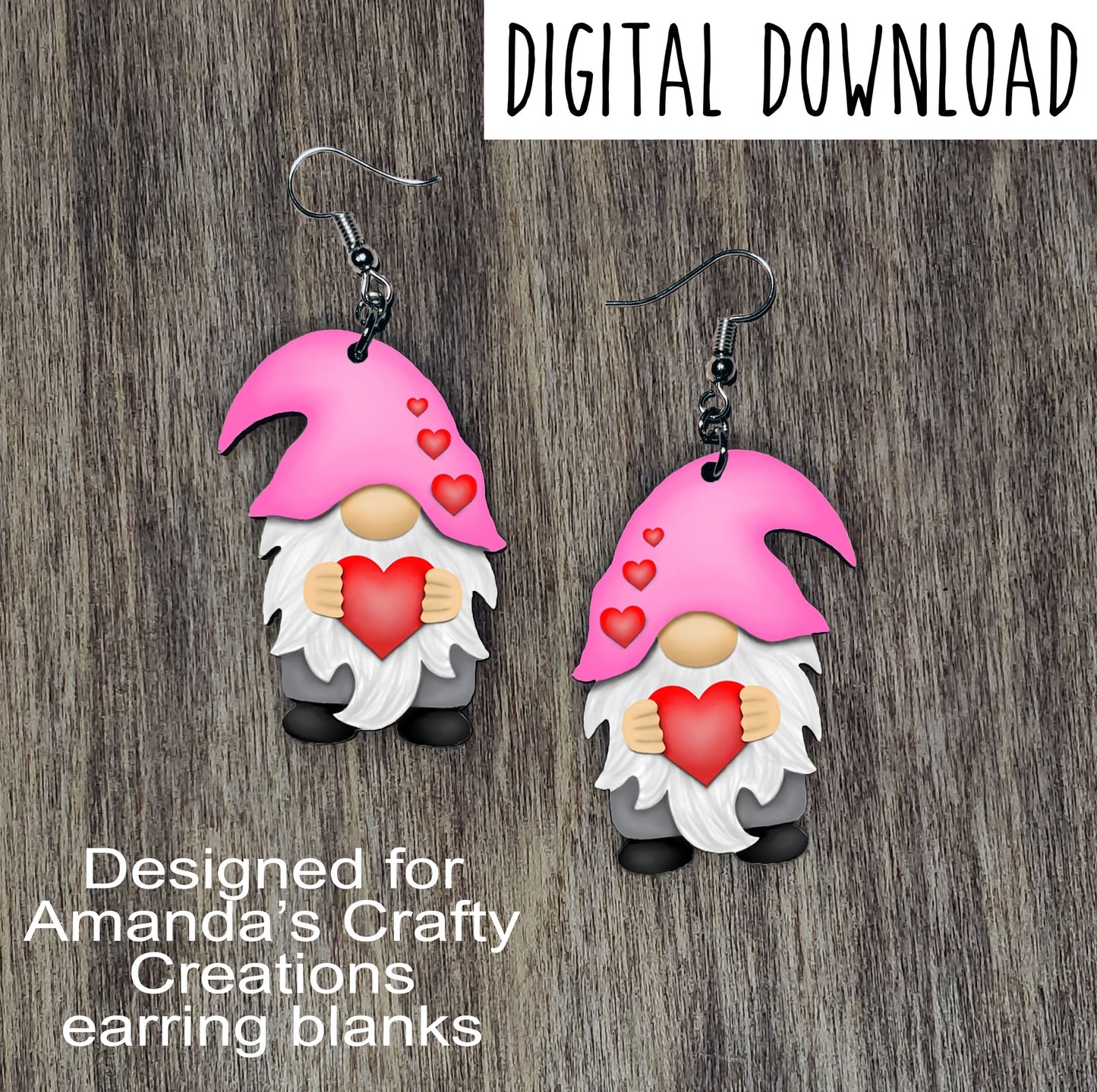 Valentine's Gnome with Sublimation Design, Hand drawn Gnome Sublimation earring design, digital download, JPG, PNG