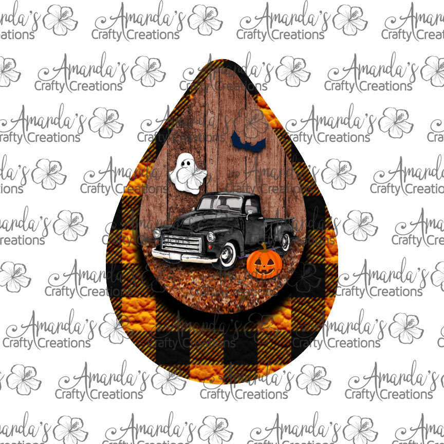 Vintage Black Truck Halloween Orange Plaid Teardrop Earring Sublimation Design, Hand drawn Teardrop Sublimation earring design, digital download, JPG, PNG