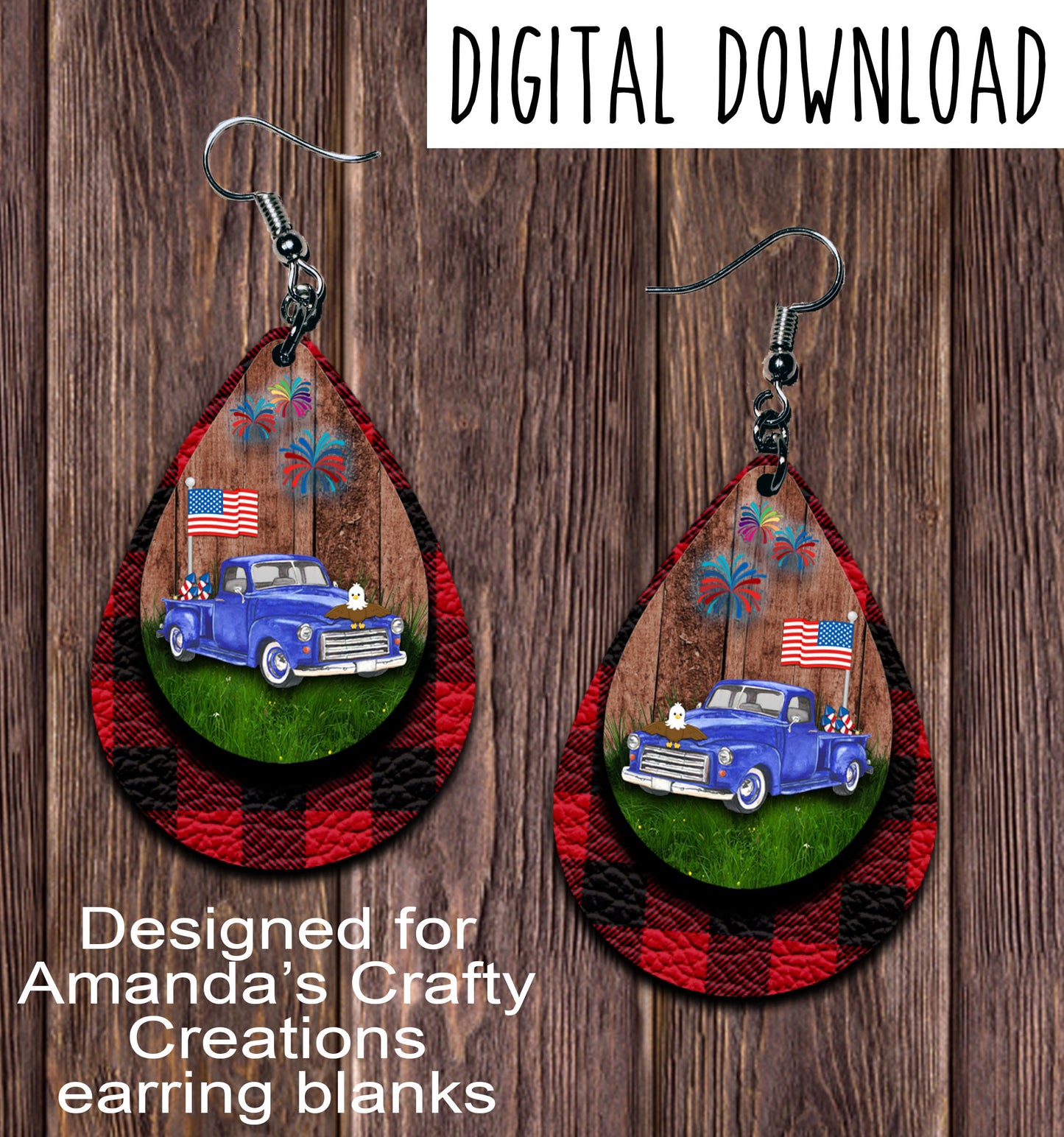 Vintage Blue Truck 4th of July Red Buffalo Plaid Teardrop Earring Sublimation Design, Hand drawn Teardrop Sublimation earring design, digital download, JPG, PNG