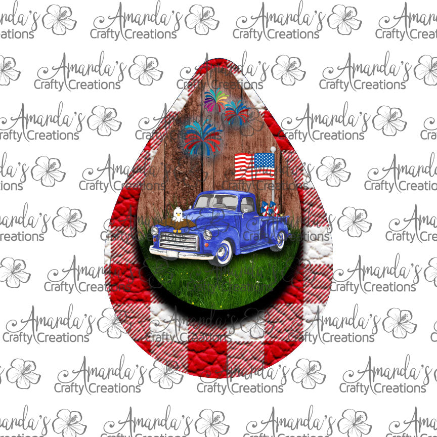 Vintage Blue Truck 4th of July Red Checkered Teardrop Earring Sublimation Design, Hand drawn Teardrop Sublimation earring design, digital download, JPG, PNG