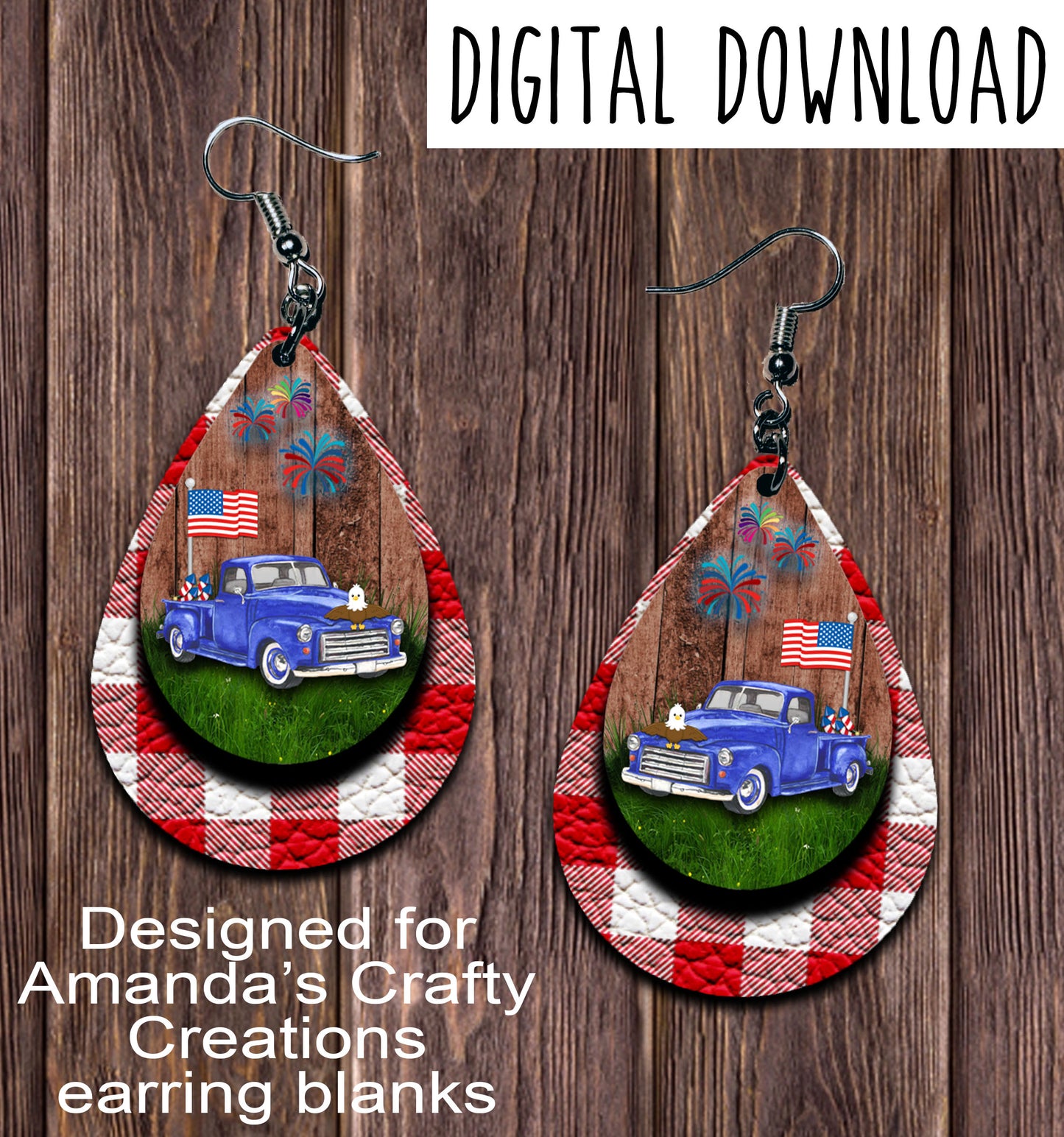 Vintage Blue Truck 4th of July Red Checkered Teardrop Earring Sublimation Design, Hand drawn Teardrop Sublimation earring design, digital download, JPG, PNG