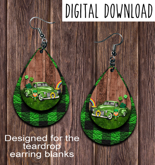 Vintage Green Truck St Patricks Day Green Plaid Teardrop Earring Sublimation Design, Hand drawn Teardrop Sublimation earring design, digital download, JPG, PNG