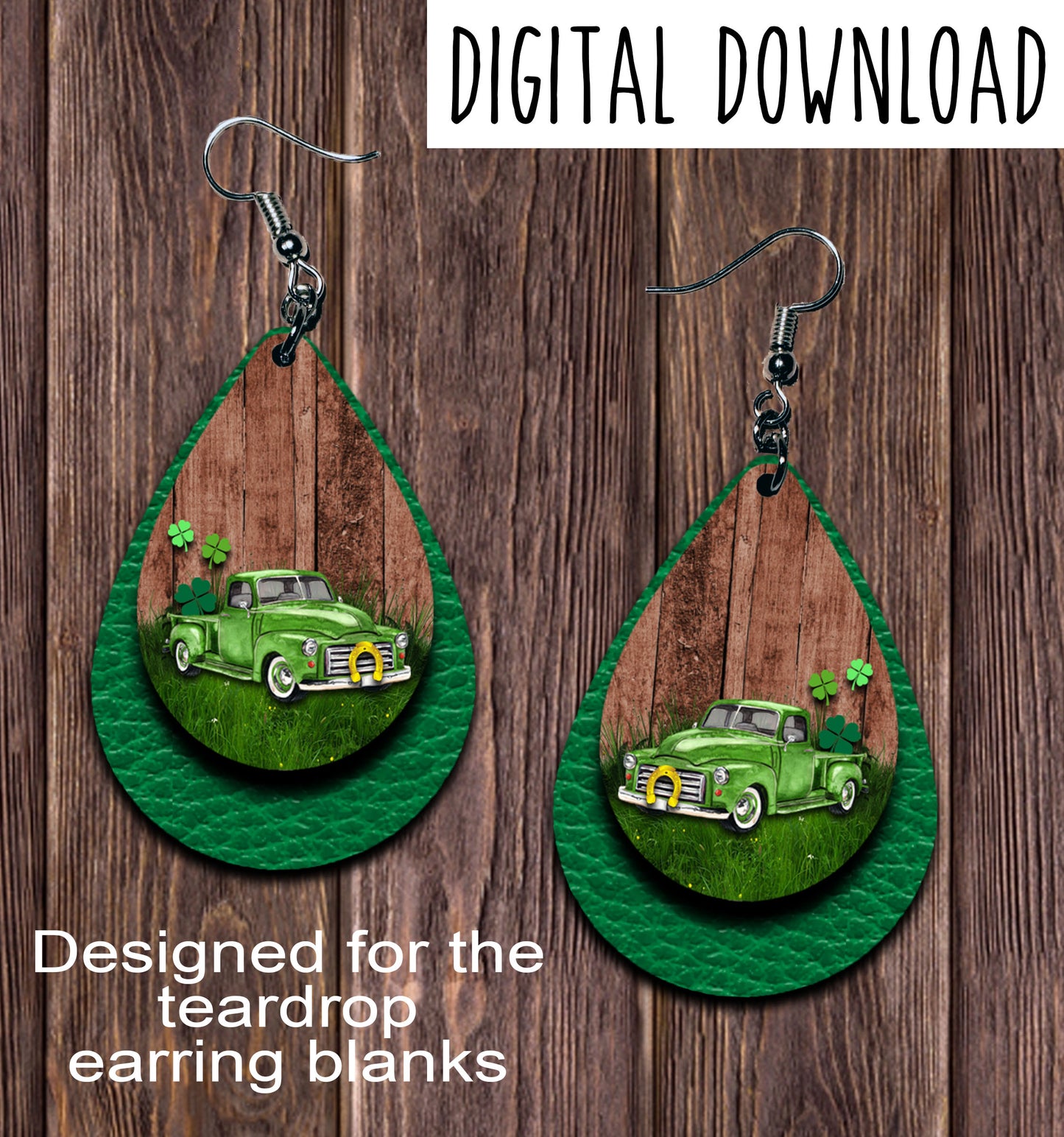 Vintage Green Truck St Patricks Day Green Teardrop Earring Sublimation Design, Hand drawn Teardrop Sublimation earring design, digital download, JPG, PNG
