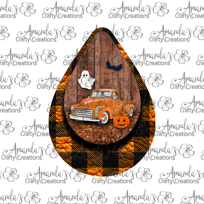 Vintage Orange Truck Halloween Orange Plaid Teardrop Earring Sublimation Design, Hand drawn Teardrop Sublimation earring design, digital download, JPG, PNG