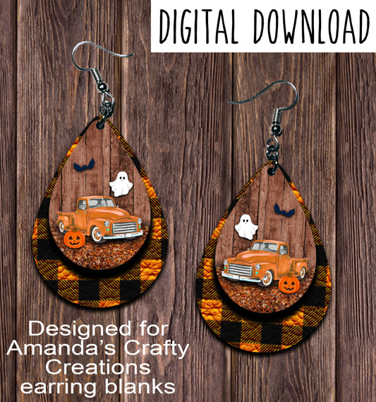 Vintage Orange Truck Halloween Orange Plaid Teardrop Earring Sublimation Design, Hand drawn Teardrop Sublimation earring design, digital download, JPG, PNG