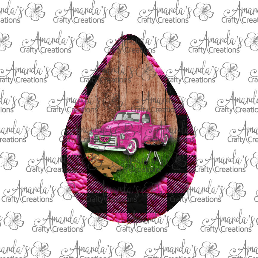 Vintage Pink Truck Summer Pink Plaid Teardrop Earring Sublimation Design, Hand drawn Teardrop Sublimation earring design, digital download, JPG, PNG