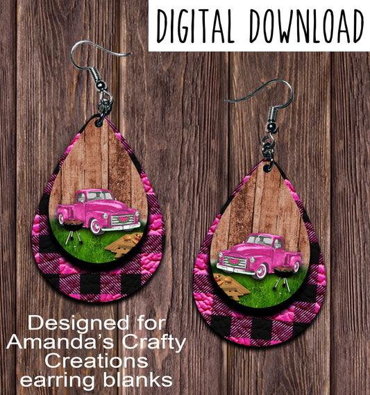 Vintage Pink Truck Summer Pink Plaid Teardrop Earring Sublimation Design, Hand drawn Teardrop Sublimation earring design, digital download, JPG, PNG