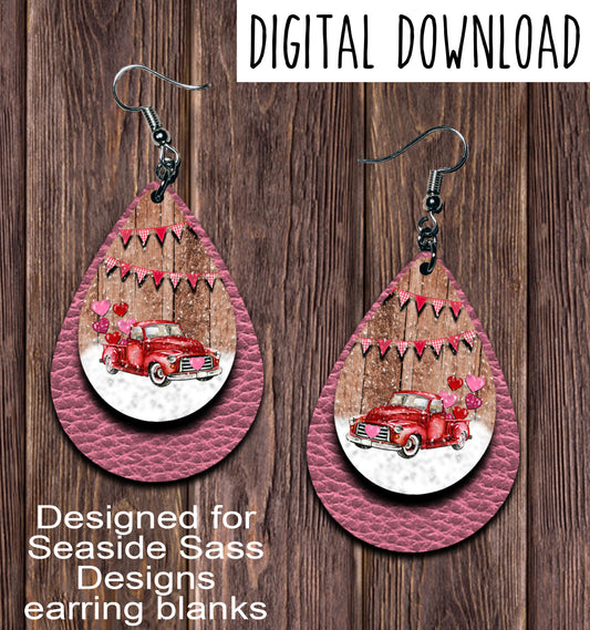 Vintage Red Truck Pink Valentine Teardrop Earring Sublimation Design, Hand drawn Teardrop Sublimation earring design, digital download, JPG, PNG