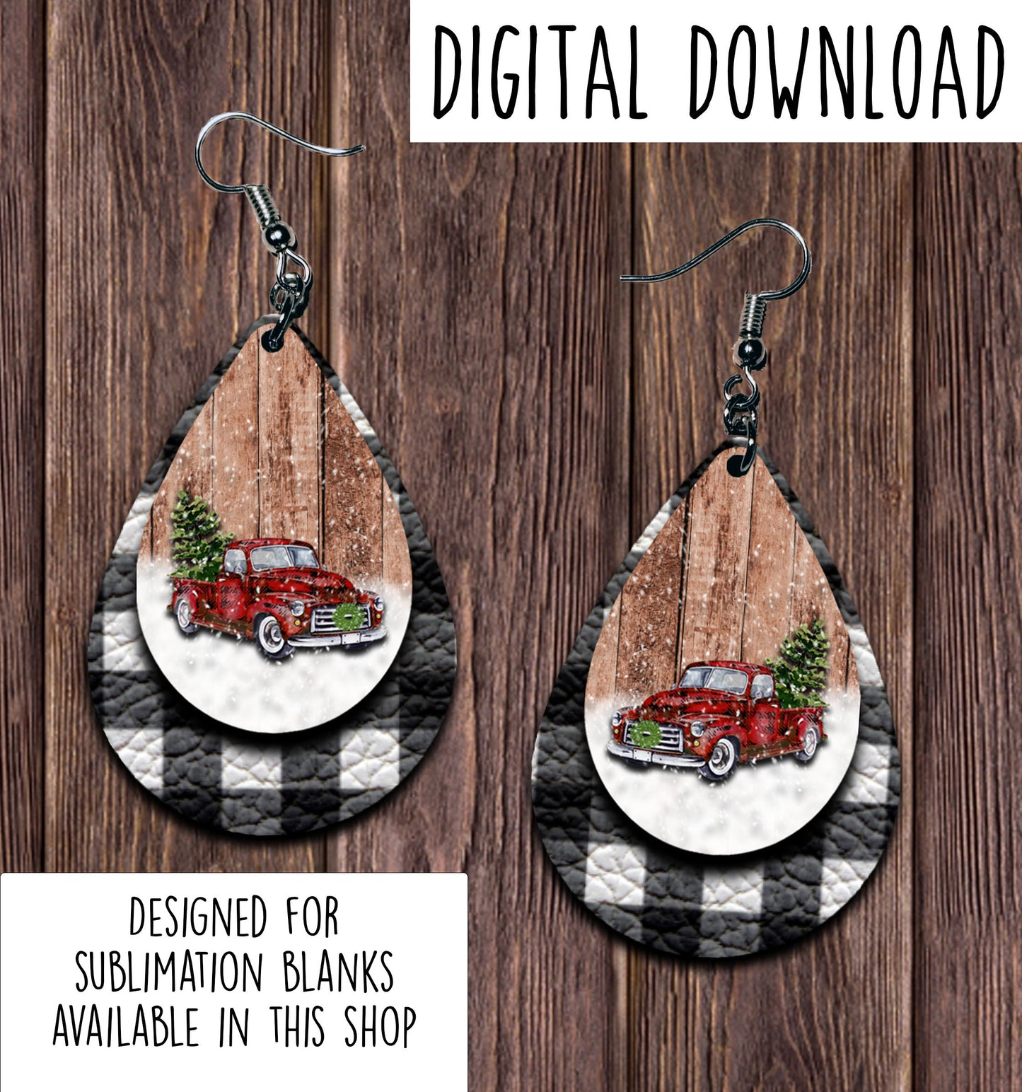 Vintage Red Truck White Buffalo Plaid Winter Teardrop Earring Sublimation Design, Hand drawn Teardrop Sublimation earring design, digital download, JPG, PNG