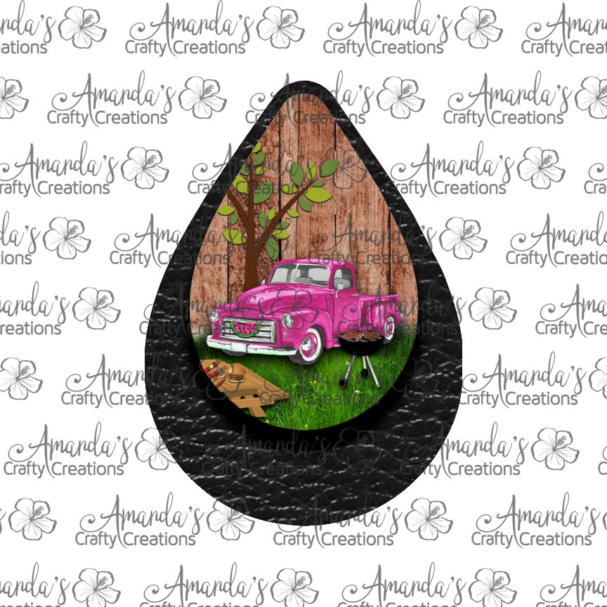 Vintage Pink Truck Summer Black Teardrop Earring Sublimation Design, Hand drawn Teardrop Sublimation earring design, digital download, JPG, PNG