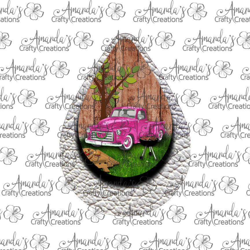 Vintage Pink Truck Summer Silver  Teardrop Earring Sublimation Design, Hand drawn Teardrop Sublimation earring design, digital download, JPG, PNG
