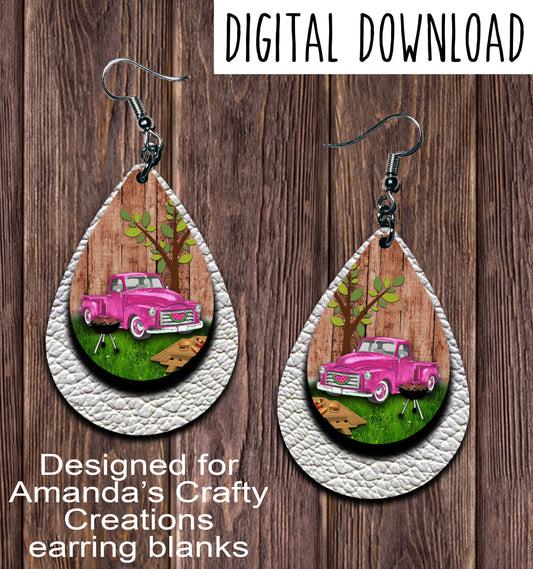 Vintage Pink Truck Summer Silver  Teardrop Earring Sublimation Design, Hand drawn Teardrop Sublimation earring design, digital download, JPG, PNG