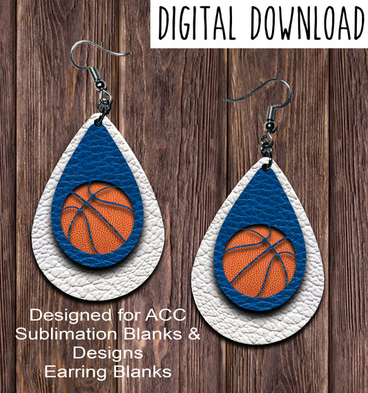 White Blue Basketball Cut Out Teardrop Earring Sublimation Design, Hand drawn Teardrop Sublimation earring design, digital download, JPG, PNG