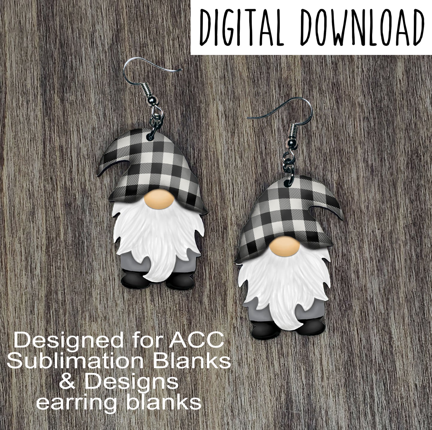 White Buffalo Plaid Gnome Earring Sublimation Design, Hand drawn Gnome Sublimation earring design, digital download, JPG, PNG
