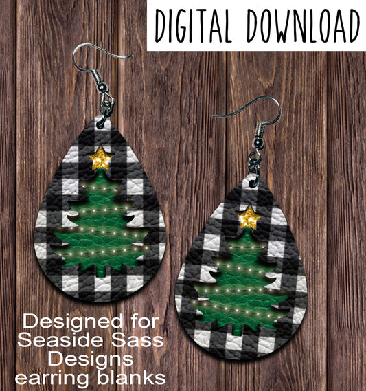 White Buffalo Plaid Lighted Tree Teardrop Earring Sublimation Design, Hand drawn Teardrop Sublimation earring design, digital download, JPG, PNG