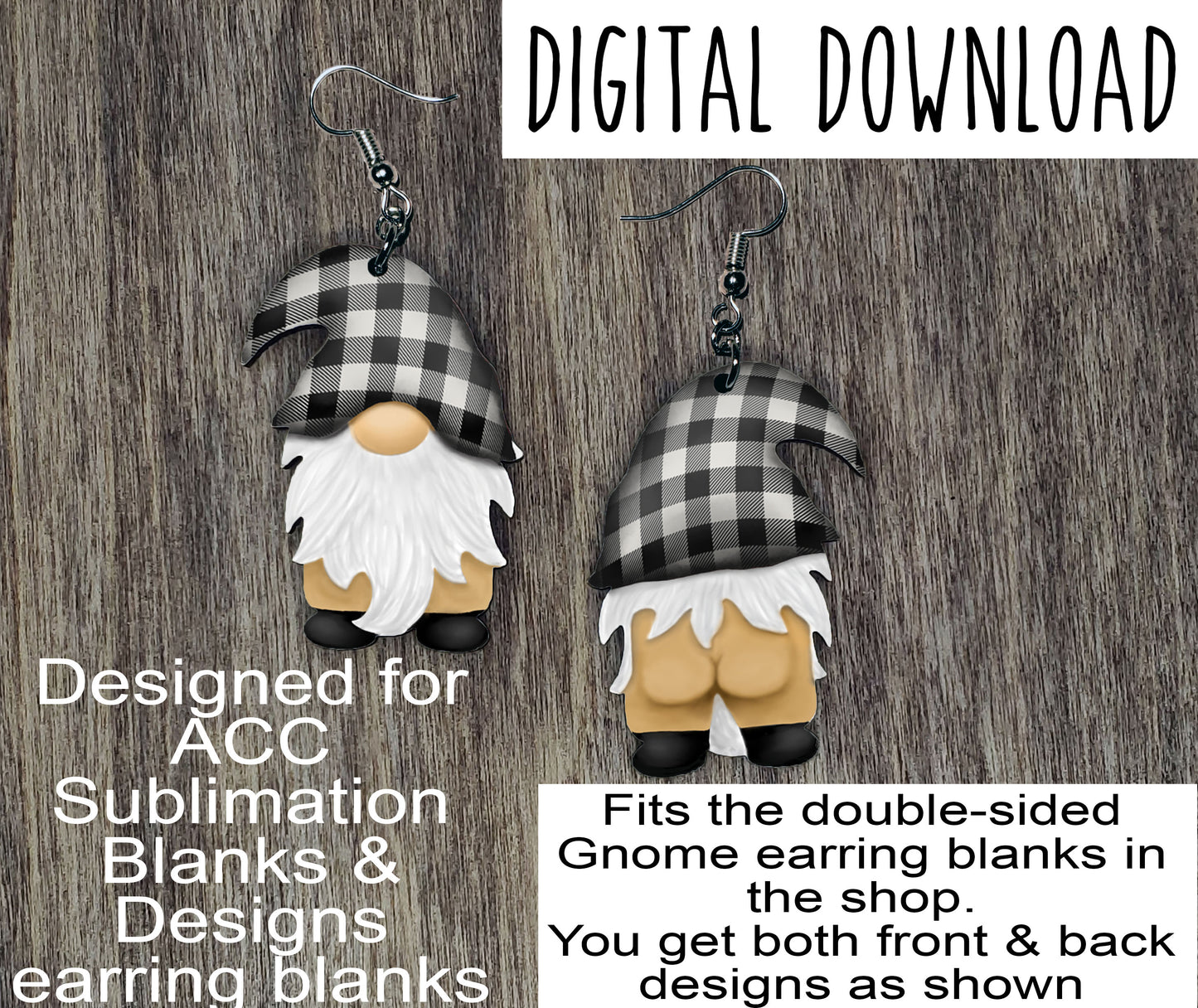 Double Sided Naked White Buffalo Plaid Gnome Earring Sublimation Design, Hand drawn Gnome Sublimation earring design, digital download, JPG, PNG