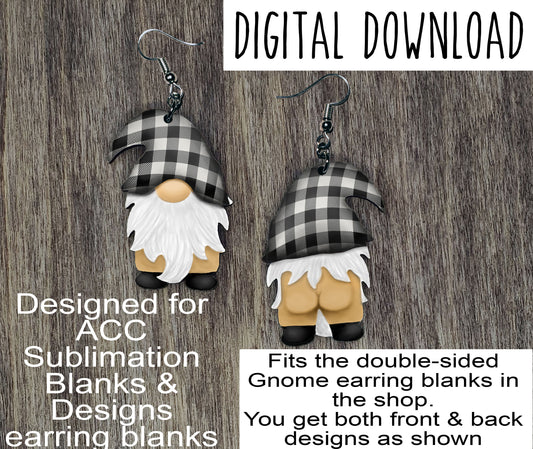 Double Sided Naked White Buffalo Plaid Gnome Earring Sublimation Design, Hand drawn Gnome Sublimation earring design, digital download, JPG, PNG