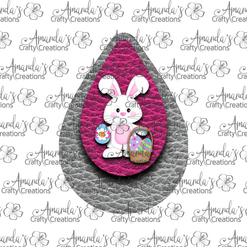 White Bunny Basket Hot Pink Grey Teardrop Earring Sublimation Design, Hand drawn Teardrop Sublimation earring design, digital download, JPG, PNG
