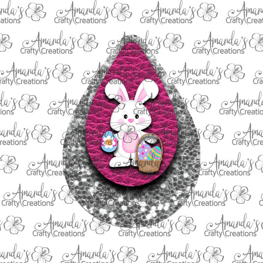 White Bunny Basket Hot Pink Silver Chunk Teardrop Earring Sublimation Design, Hand drawn Teardrop Sublimation earring design, digital download, JPG, PNG