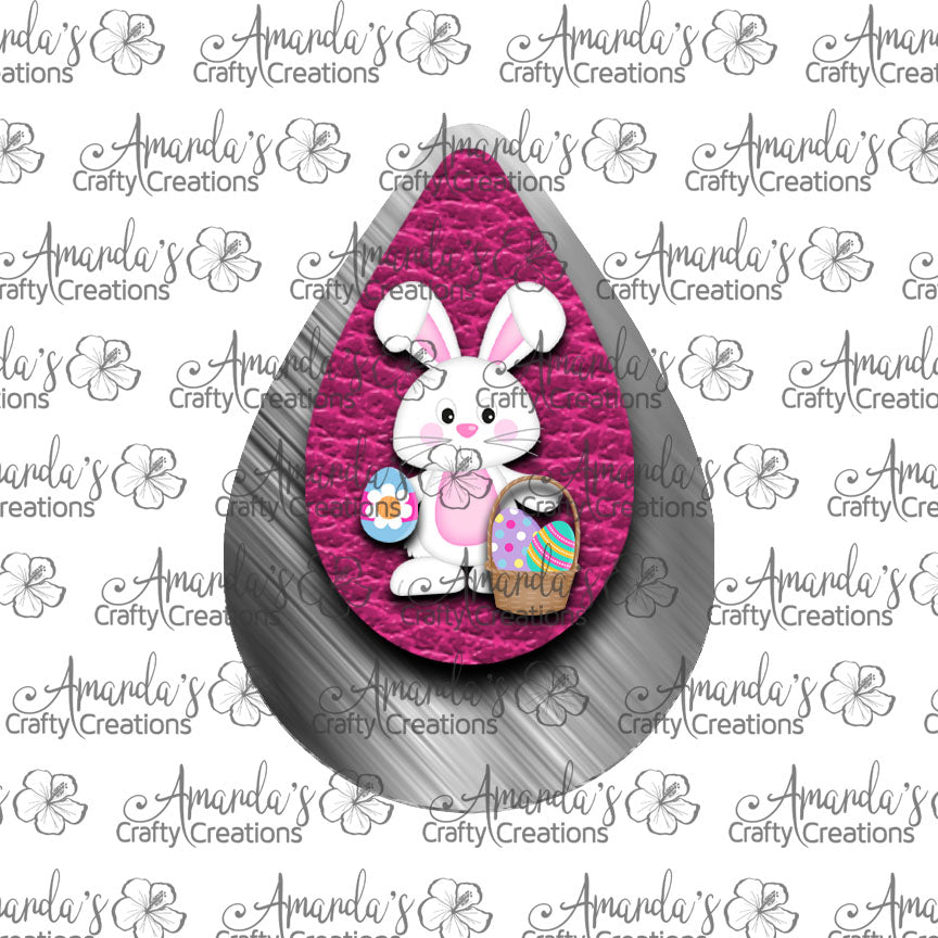White Bunny Basket Hot Pink Silver Metal Teardrop Earring Sublimation Design, Hand drawn Teardrop Sublimation earring design, digital download, JPG, PNG
