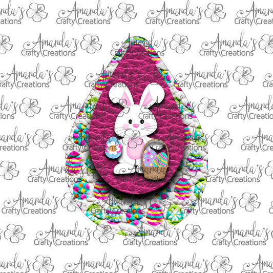 White Bunny Basket Hot Pink Teardrop Earring Sublimation Design, Hand drawn Teardrop Sublimation earring design, digital download, JPG, PNG