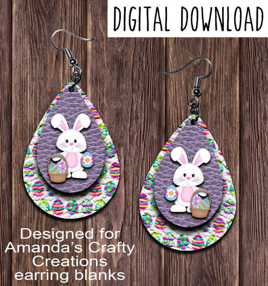 White Bunny Basket Lavender Teardrop Earring Sublimation Design, Hand drawn Teardrop Sublimation earring design, digital download, JPG, PNG