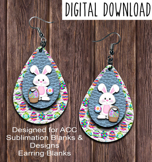 White Bunny Basket Light Blue Teardrop Earring Sublimation Design, Hand drawn Teardrop Sublimation earring design, digital download, JPG, PNG