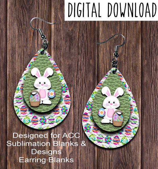 White Bunny Basket Light Green Teardrop Earring Sublimation Design, Hand drawn Teardrop Sublimation earring design, digital download, JPG, PNG