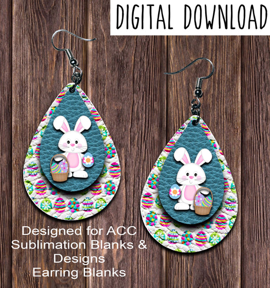 White Bunny Basket Turquoise Teardrop Earring Sublimation Design, Hand drawn Teardrop Sublimation earring design, digital download, JPG, PNG