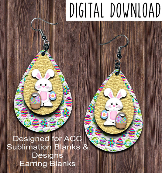 White Bunny Basket Yellow Teardrop Earring Sublimation Design, Hand drawn Teardrop Sublimation earring design, digital download, JPG, PNG