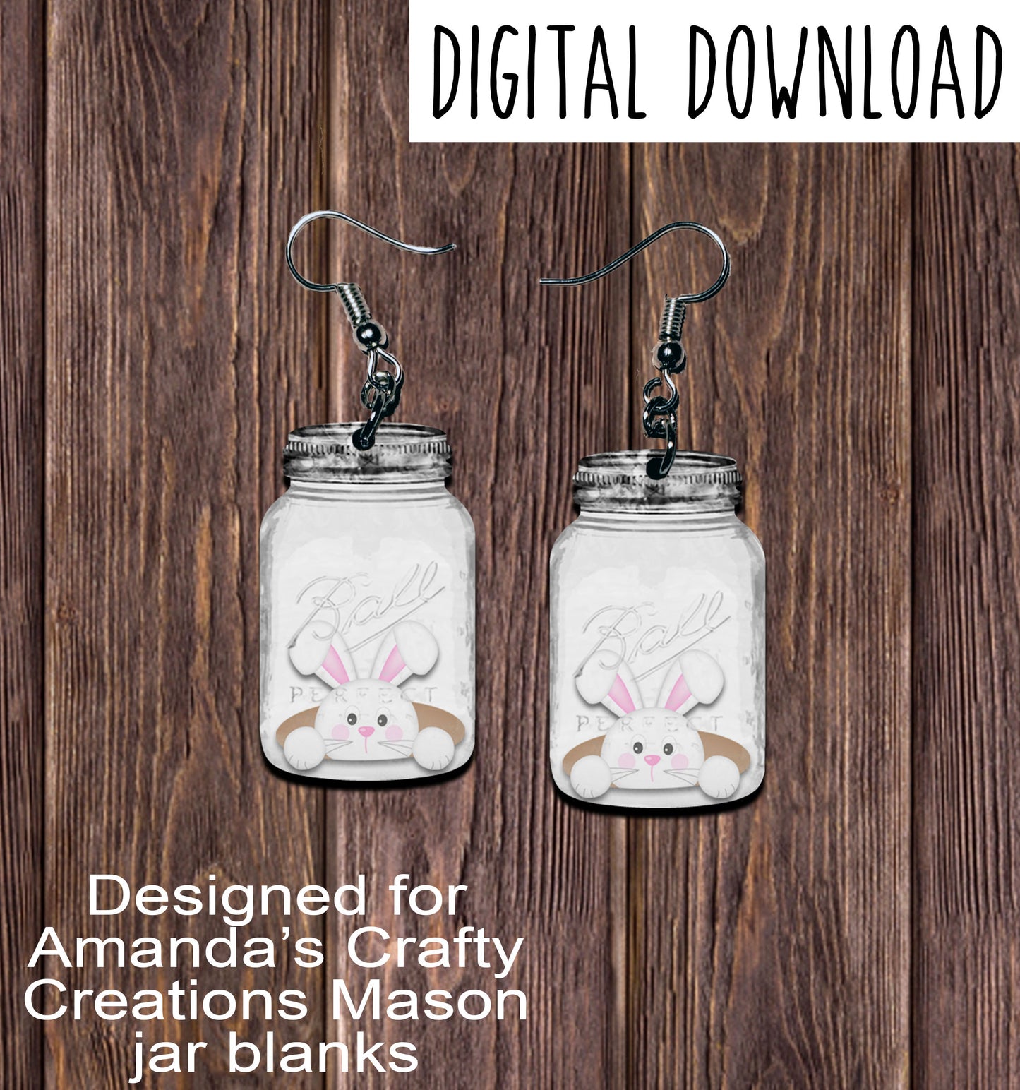 White Bunny Hole Mason Jar Earring Sublimation Design, Hand drawn Mason Jar Sublimation earring design, digital download, JPG, PNG