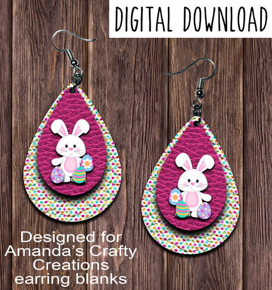 White Bunny Basket Hot Pink Polka Dots Teardrop Earring Sublimation Design, Hand drawn Teardrop Sublimation earring design, digital download, JPG, PNG