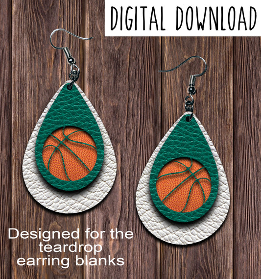 White Kelly Green Basketball Cut Out Teardrop Earring Sublimation Design, Hand drawn Teardrop Sublimation earring design, digital download, JPG, PNG