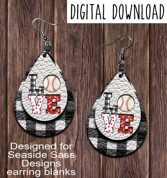 White Plaid LOVE Baseball Cut Out Teardrop Earring Sublimation Design, Hand drawn Teardrop Sublimation earring design, digital download, JPG, PNG