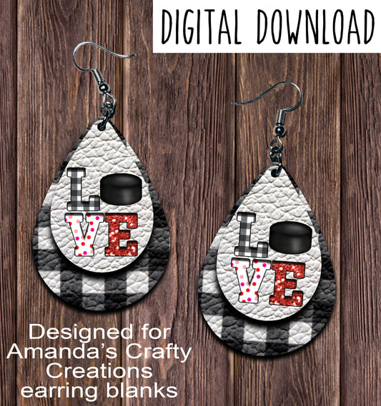 White Plaid LOVE Hockey Cut Out Teardrop Earring Sublimation Design, Hand drawn Teardrop Sublimation earring design, digital download, JPG, PNG