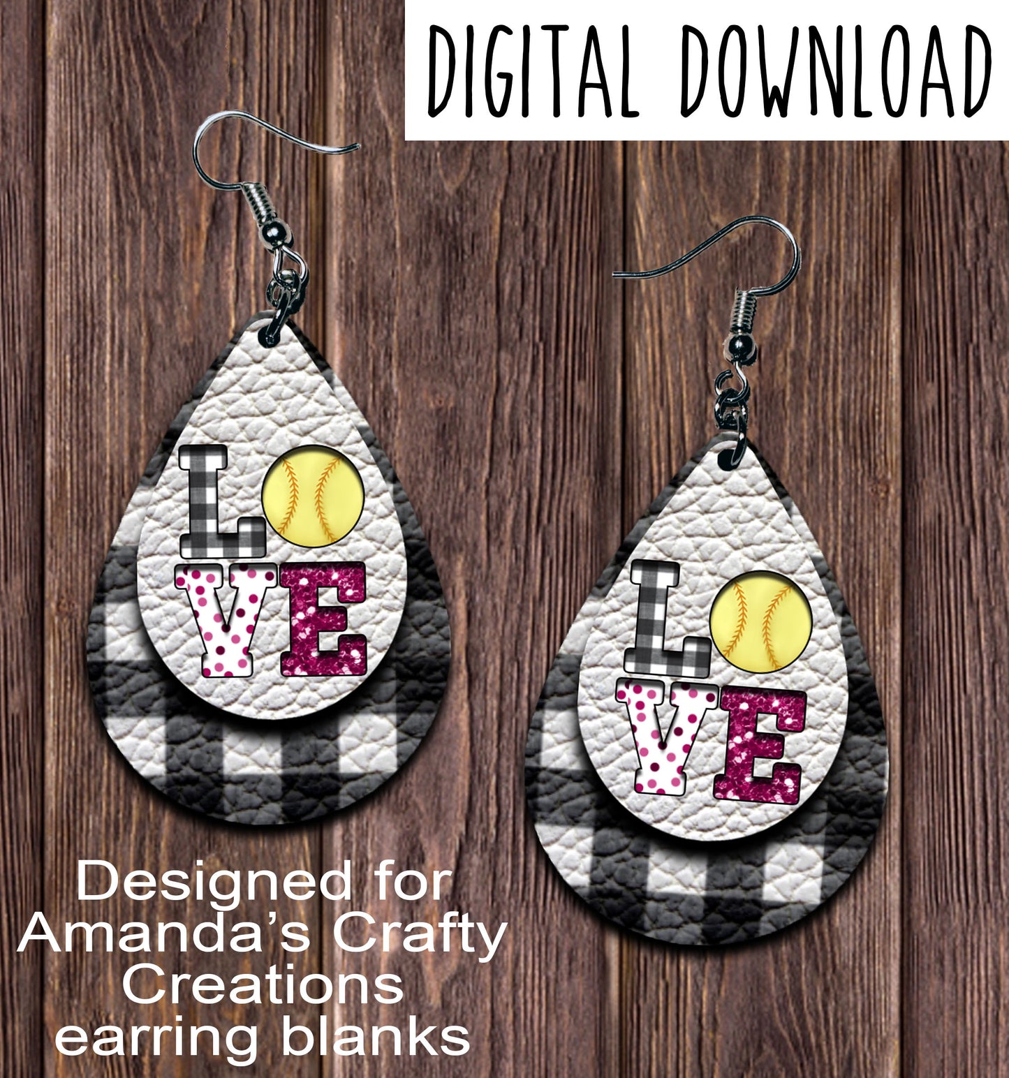 White Plaid LOVE Magenta Softball Cut Out Teardrop Earring Sublimation Design, Hand drawn Teardrop Sublimation earring design, digital download, JPG, PNG
