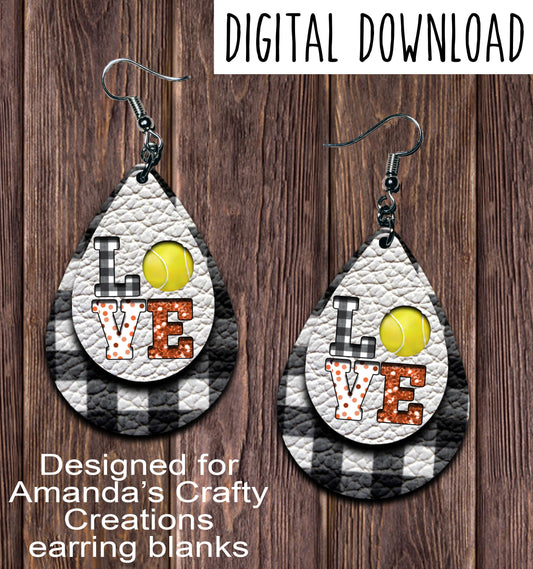 White Plaid LOVE Orange Tennis l Cut Out Teardrop Earring Sublimation Design, Hand drawn Teardrop Sublimation earring design, digital download, JPG, PNG