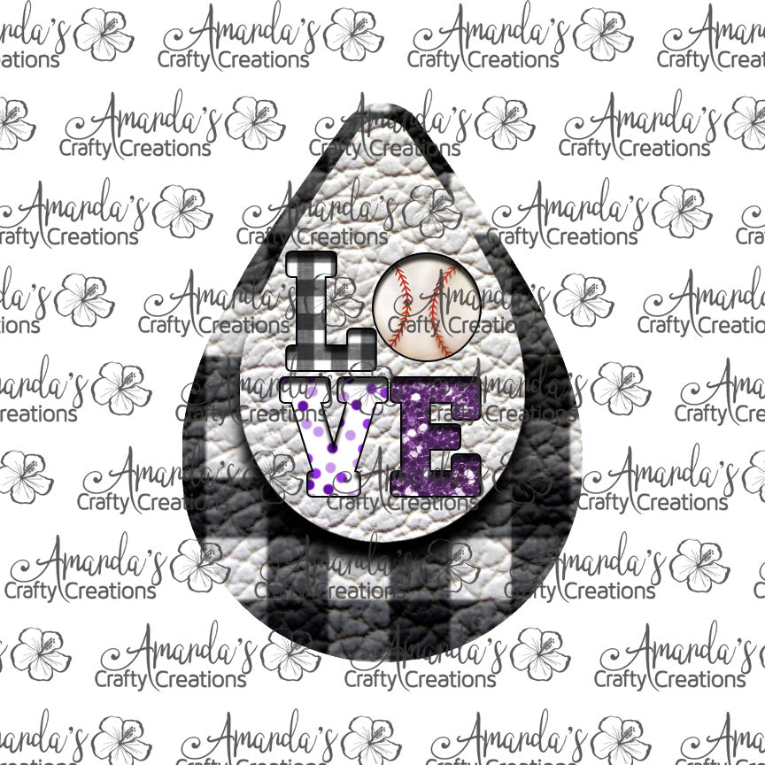 White Plaid LOVE Purple Baseball Cut Out Teardrop Earring Sublimation Design, Hand drawn Teardrop Sublimation earring design, digital download, JPG, PNG