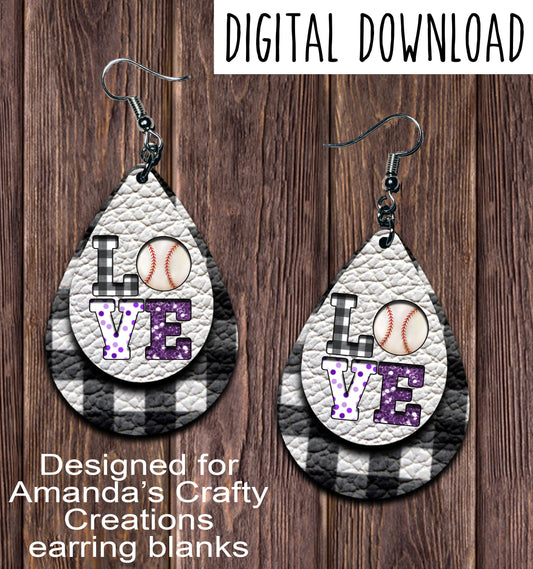 White Plaid LOVE Purple Baseball Cut Out Teardrop Earring Sublimation Design, Hand drawn Teardrop Sublimation earring design, digital download, JPG, PNG