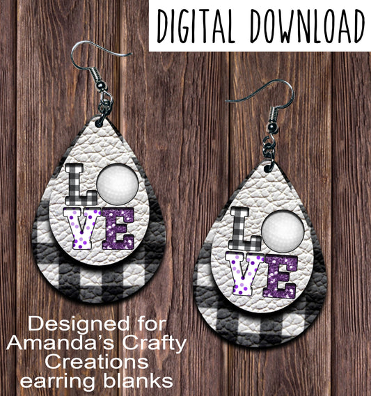 White Plaid LOVE Purple Golf Cut Out Teardrop Earring Sublimation Design, Hand drawn Teardrop Sublimation earring design, digital download, JPG, PNG