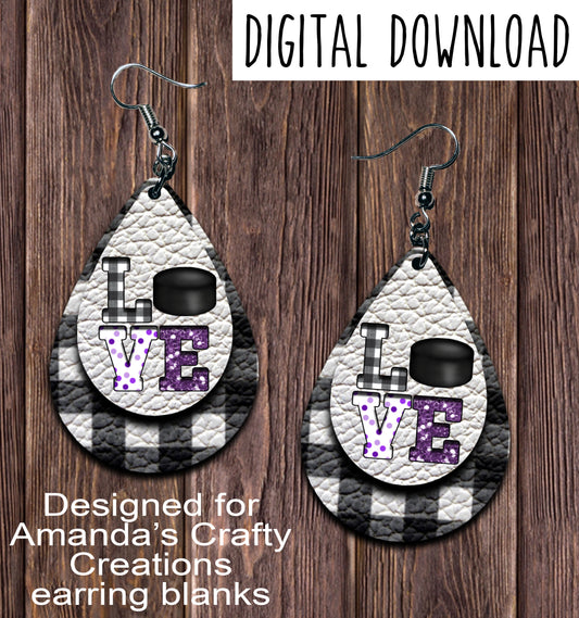 White Plaid LOVE Purple Hockey Cut Out Teardrop Earring Sublimation Design, Hand drawn Teardrop Sublimation earring design, digital download, JPG, PNG