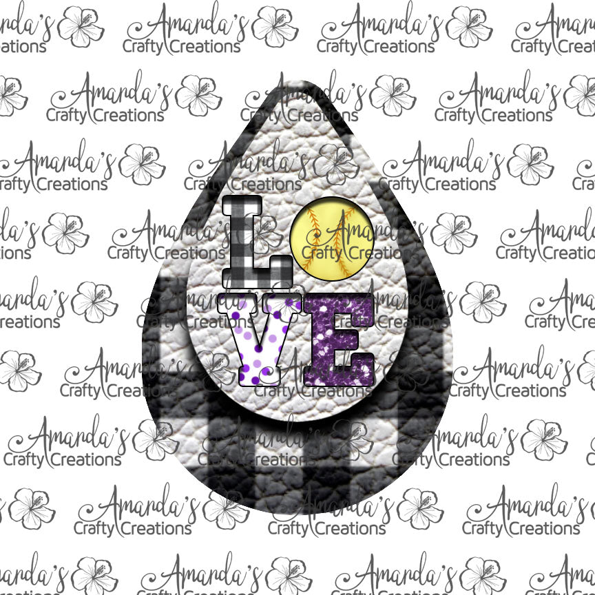 White Plaid LOVE Purple Softball Cut Out Teardrop Earring Sublimation Design, Hand drawn Teardrop Sublimation earring design, digital download, JPG, PNG