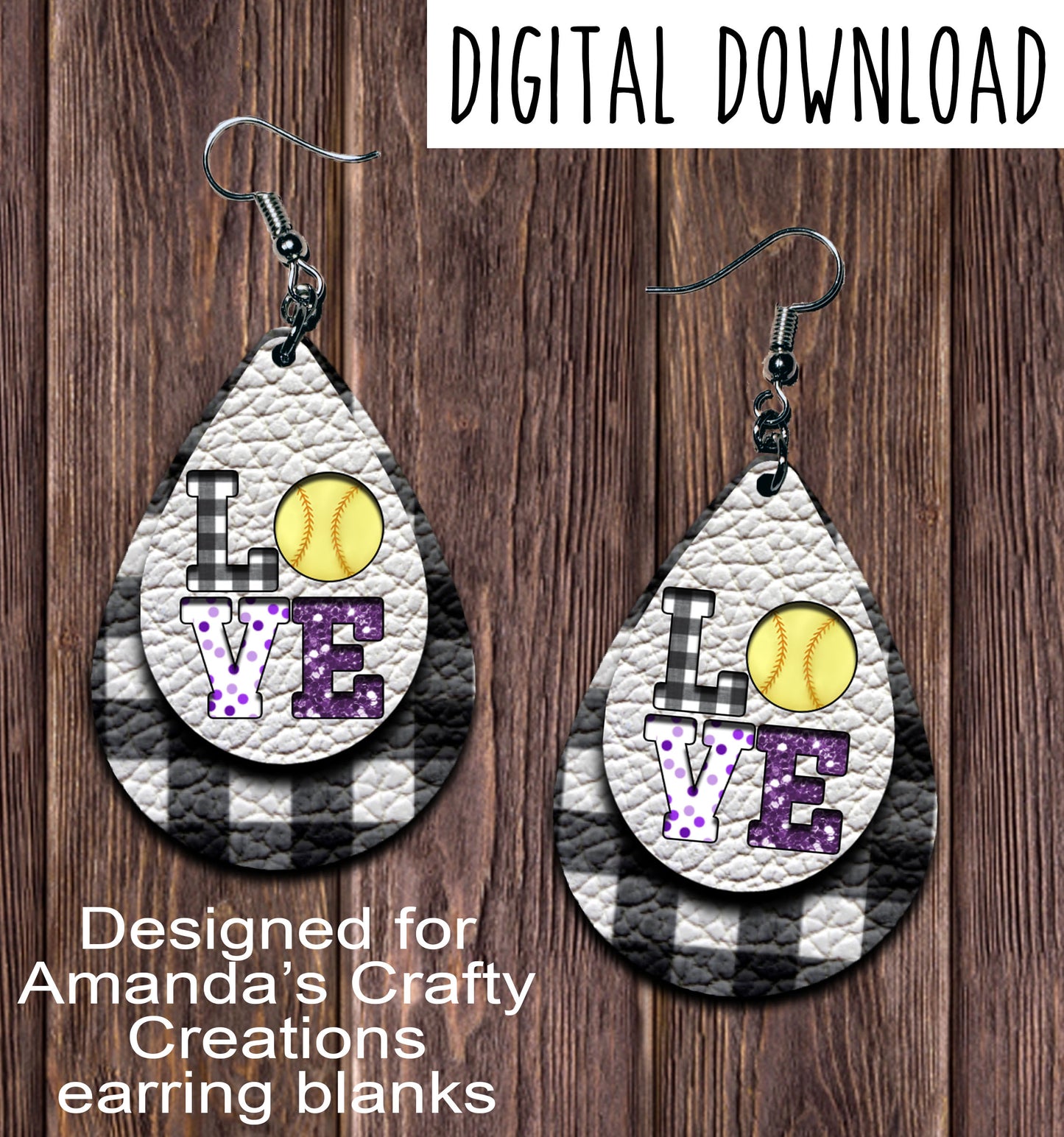 White Plaid LOVE Purple Softball Cut Out Teardrop Earring Sublimation Design, Hand drawn Teardrop Sublimation earring design, digital download, JPG, PNG