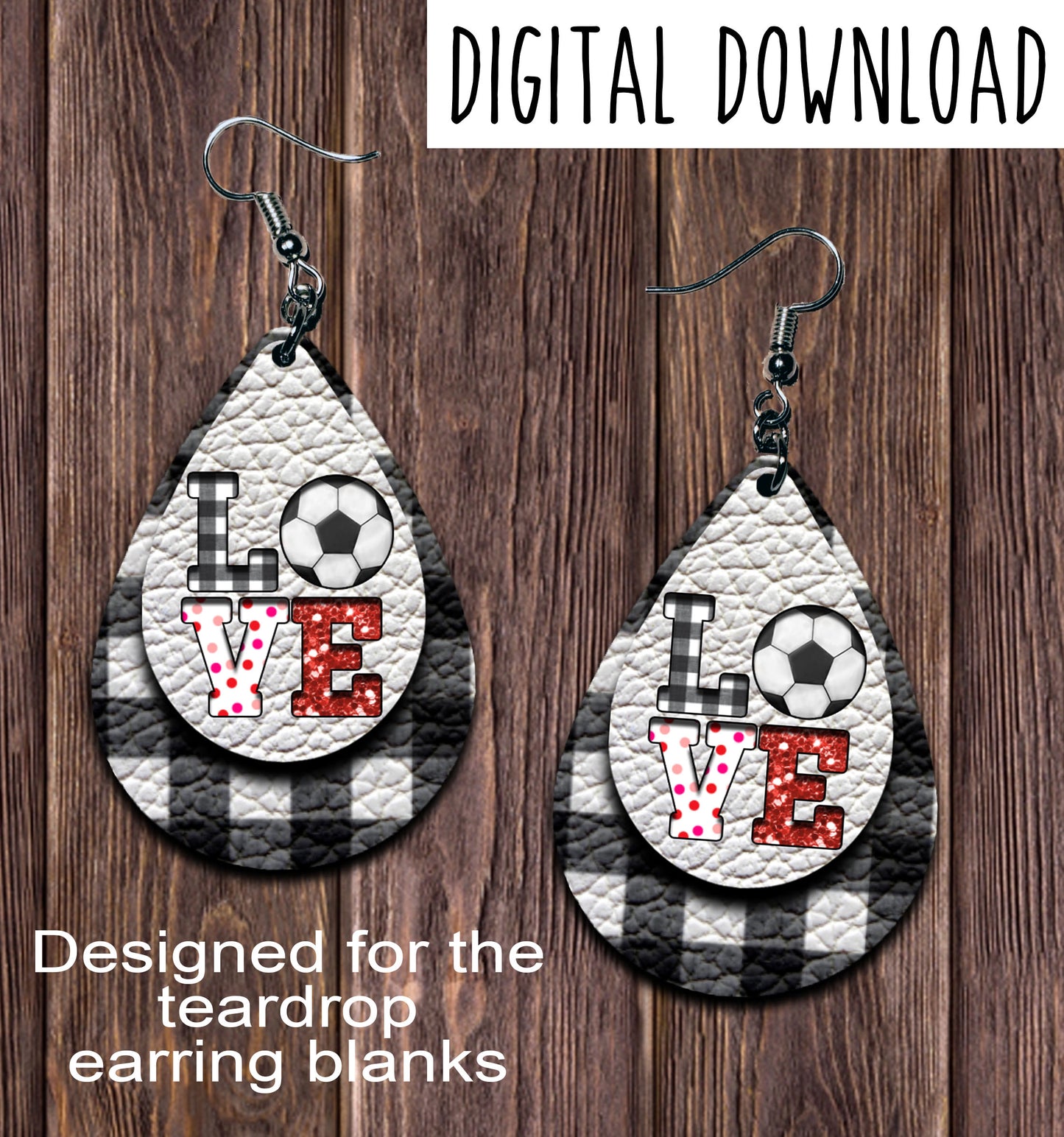 White Plaid LOVE Soccer Cut Out Teardrop Earring Sublimation Design, Hand drawn Teardrop Sublimation earring design, digital download, JPG, PNG