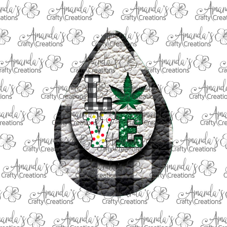 White Plaid LOVE Marijuana Cut Out Teardrop Earring Sublimation Design, Hand drawn Teardrop Sublimation earring design, digital download, JPG, PNG