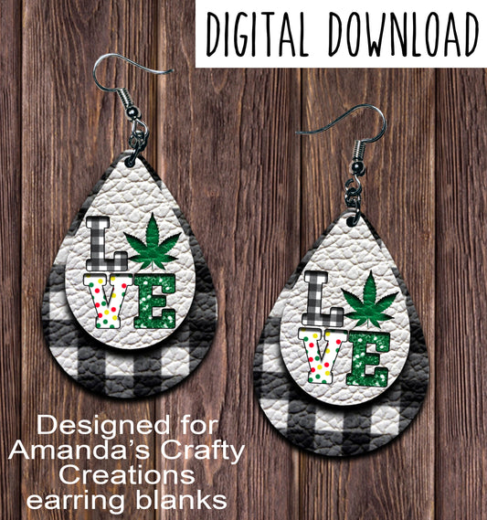 White Plaid LOVE Marijuana Cut Out Teardrop Earring Sublimation Design, Hand drawn Teardrop Sublimation earring design, digital download, JPG, PNG